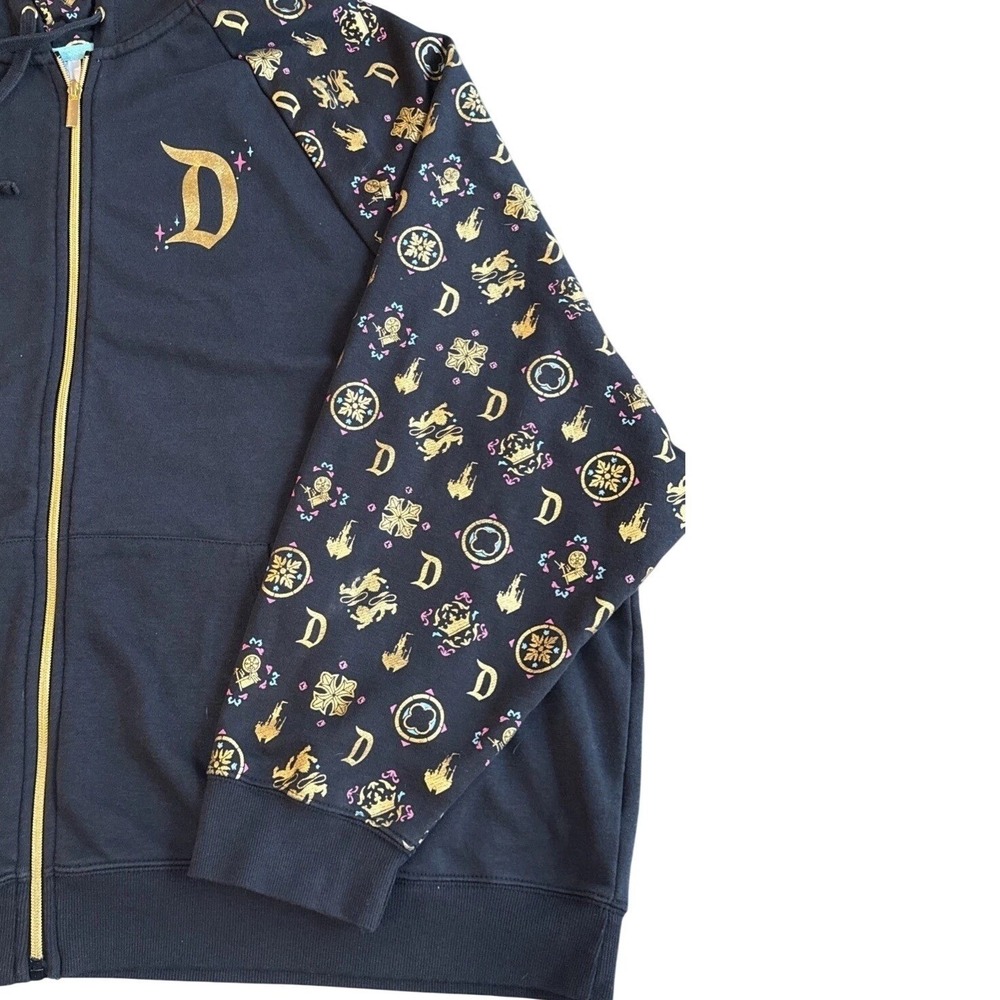 Disney Parks Disneyland Zip Hoodie 2XL Black Gold Foil Castle Vacation Cozy - Picture 6 of 16